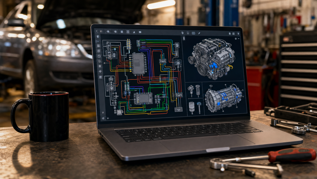 Laptop cu software de reparații auto arătând scheme electrice și ilustrații tehnice, pe un banc de lucru