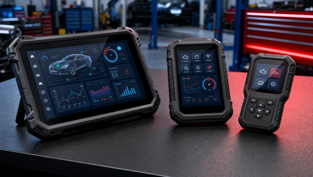 Trei testere auto de diagnoză de dimensiuni diferite alăturate pentru comparație: Autel, Launch X431 și Topdon