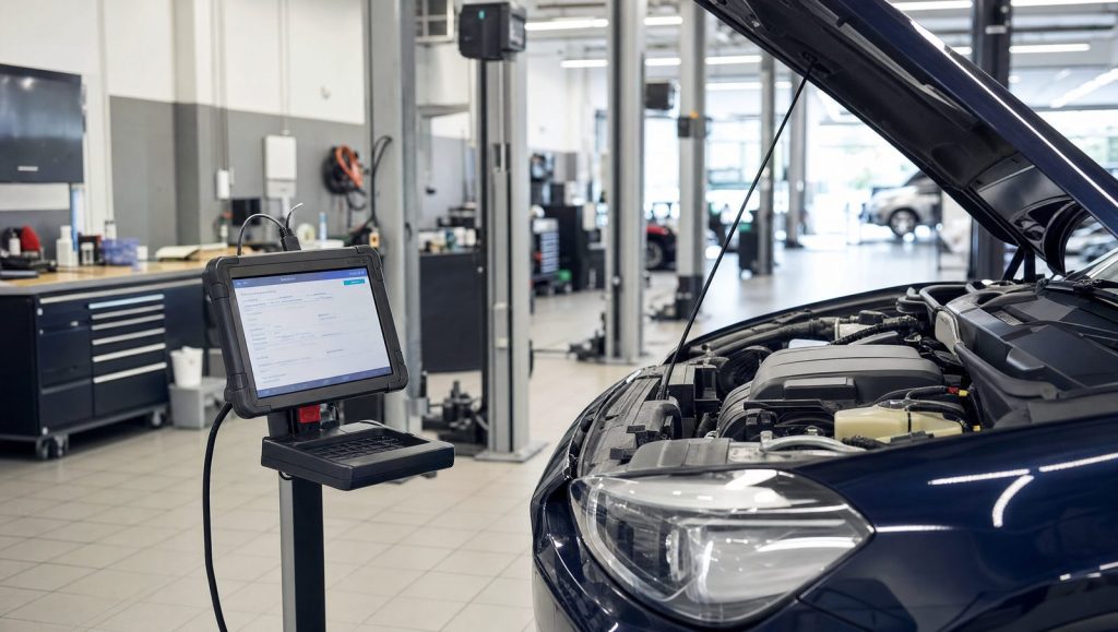 Atelier auto modern cu tabletă de diagnoză