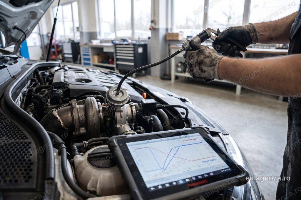 Turbina unui motor diesel cu actuatorul wastegate si furtunul de vacuum, un mecanic cu pompa de vacuum de mana si un tester care arata presiunea de supraalimentare ceruta si reala