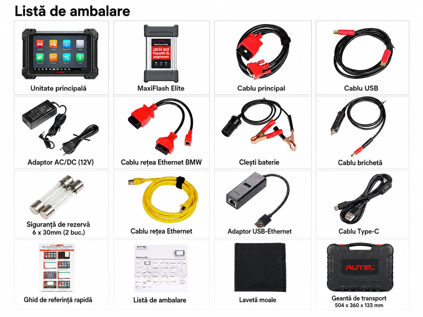 Continut pachet Autel MK908 PRO II cu MaxiFlash Elite si accesorii