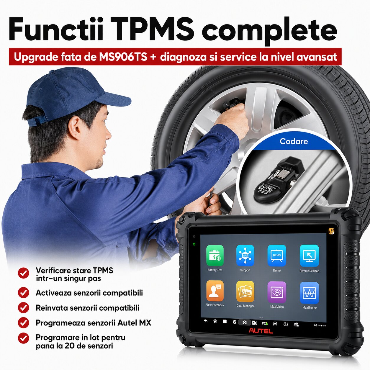 Functii TPMS Autel MaxiSYS MS906 Pro-TS si programare senzori MX-Sensor