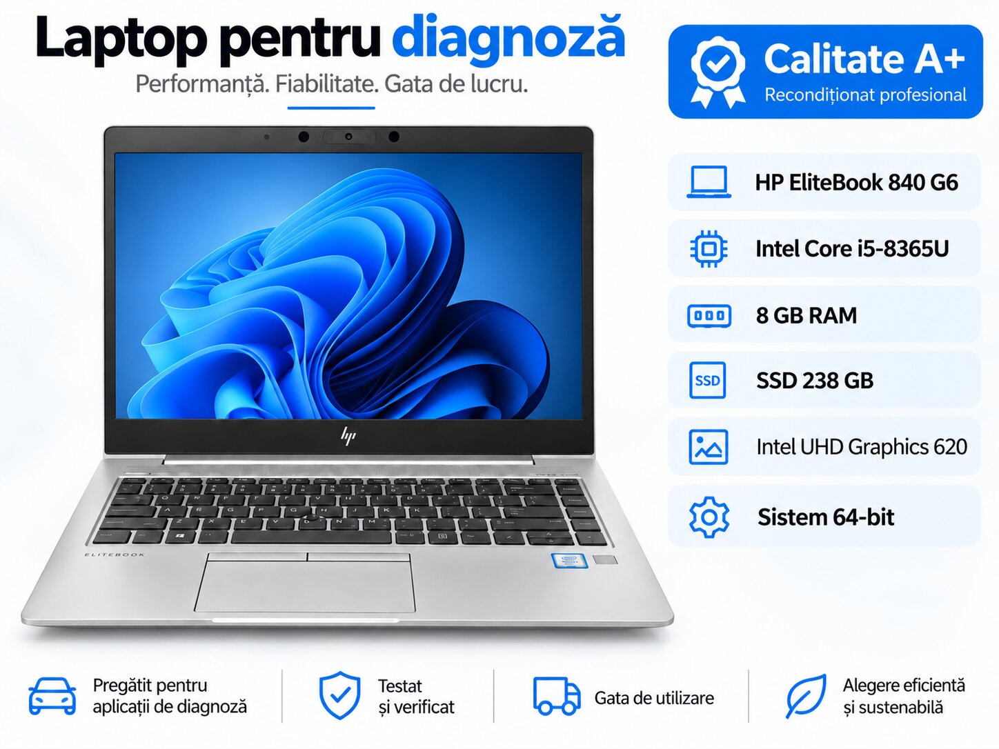 Laptop diagnoza auto HP EliteBook 840 G6 reconditionat calitate A+, Intel Core i5-8365U, 8 GB RAM, SSD