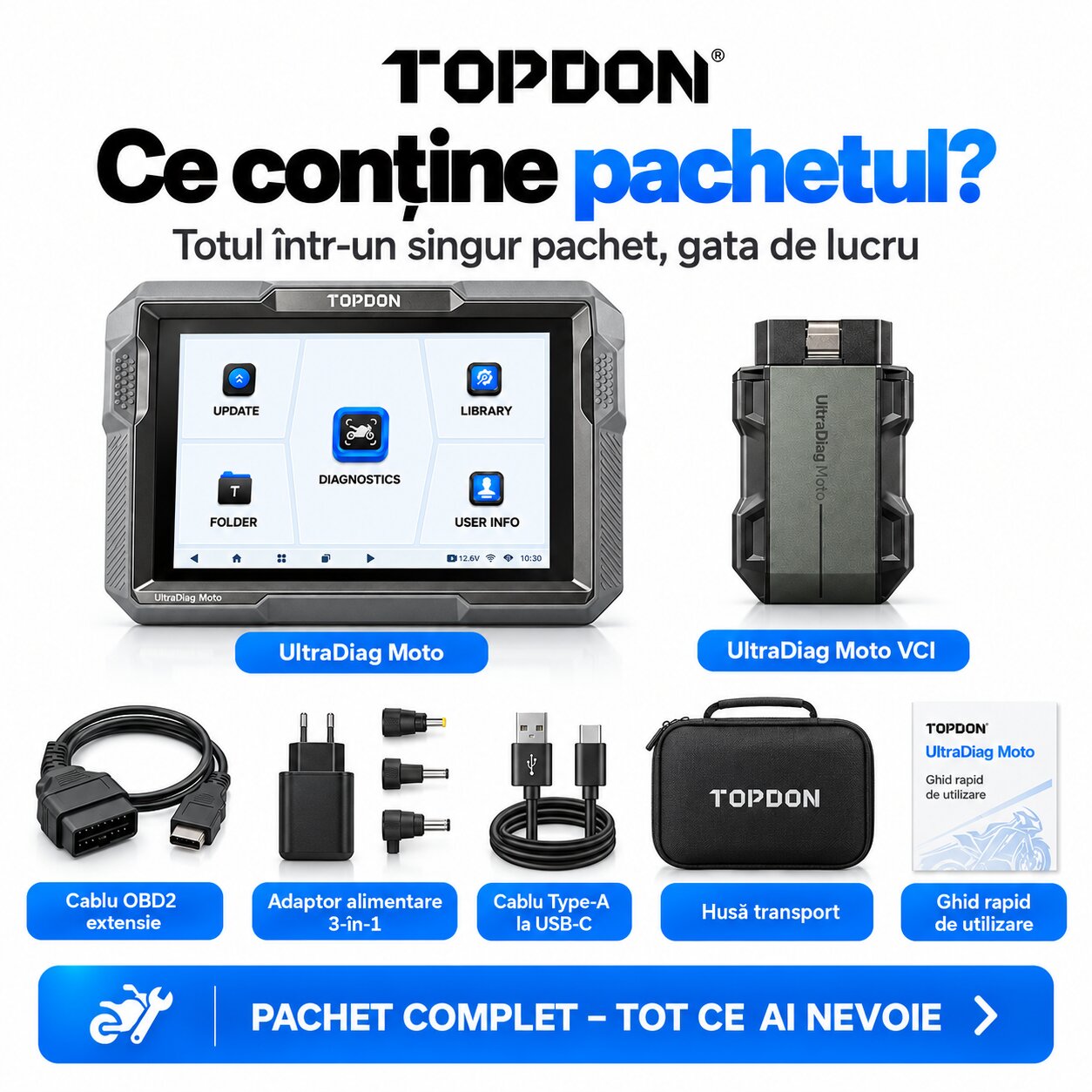 Continut pachet TOPDON UltraDiag Moto VCI si 29 cabluri diagnoza motociclete