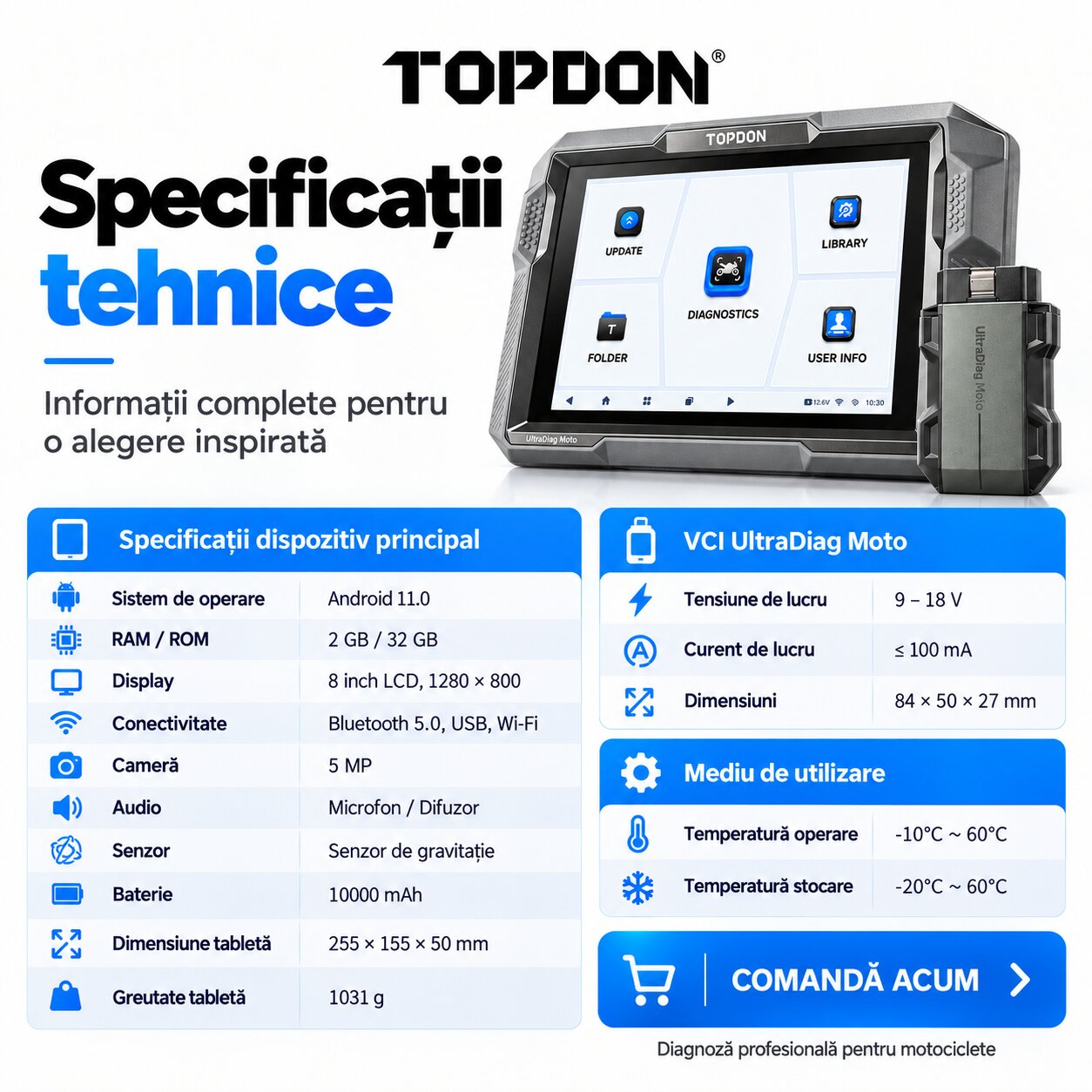 Specificatii tehnice TOPDON UltraDiag Moto