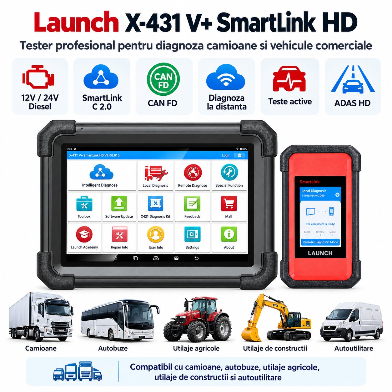 Launch X-431 V+ SmartLink HD tester diagnoza camioane si vehicule comerciale
