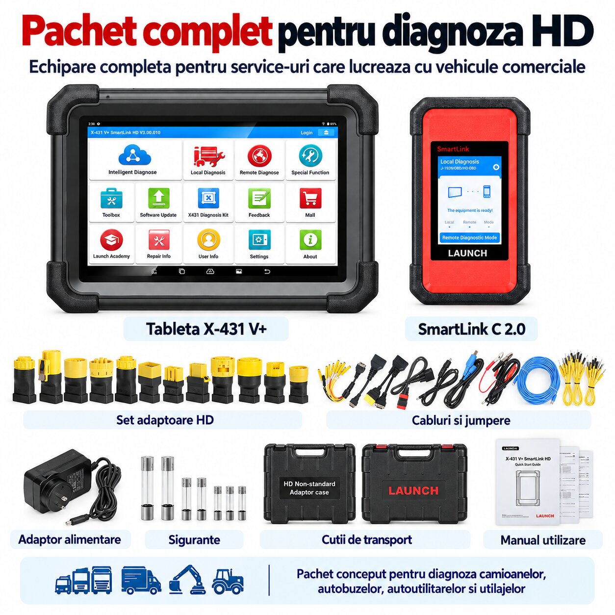 Pachet complet Launch X-431 V+ SmartLink HD cu adaptoare pentru camioane