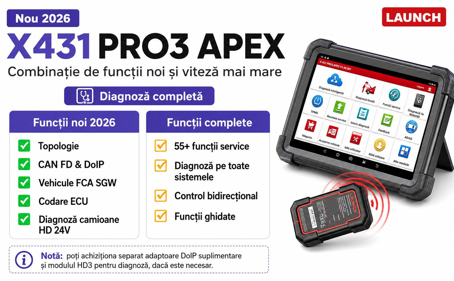Launch X431 PRO3 APEX cu DBScar VII și funcții principale