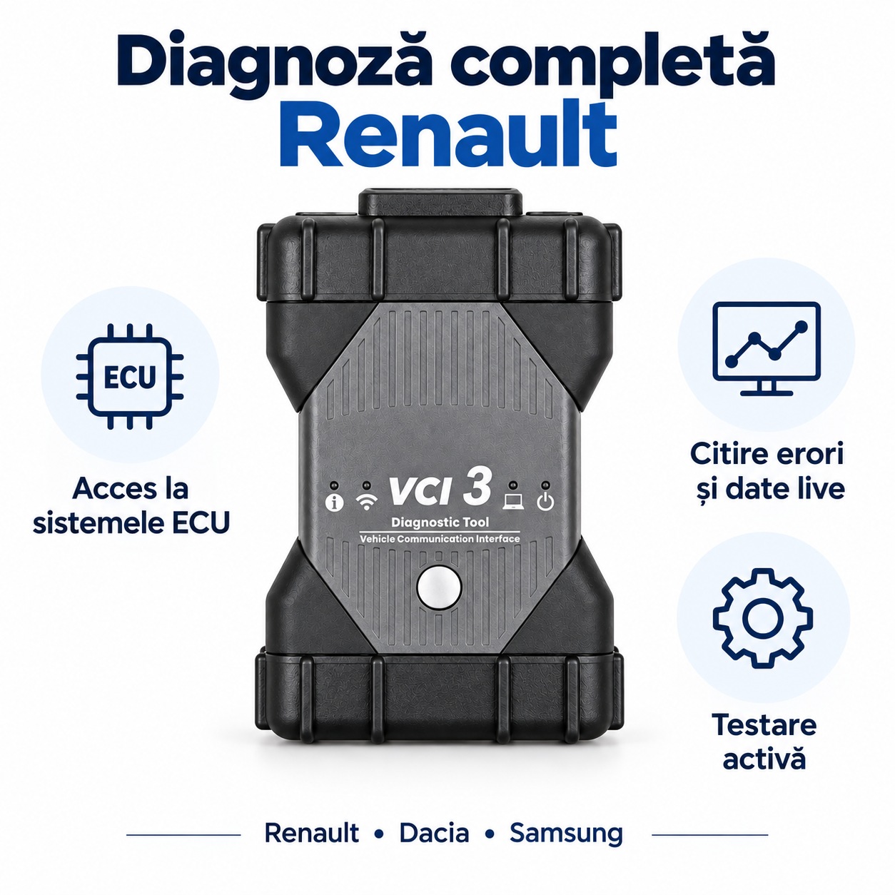 Tester VCI 3 pentru diagnoza completa Renault, Dacia si Samsung: acces la module, citire erori, teste active