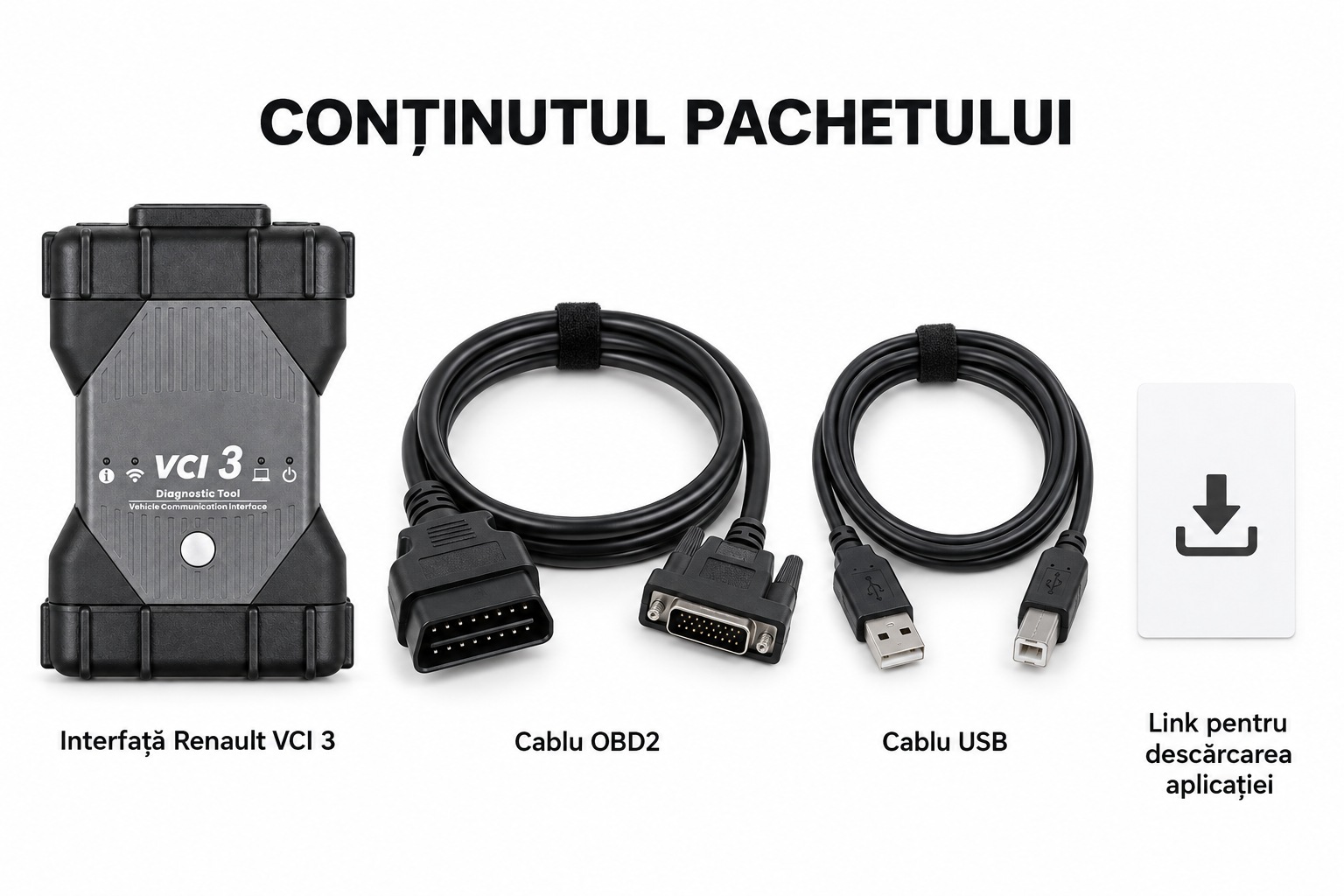 Continut pachet VCI 3: interfata, cablu OBD2, cablu USB si link de descarcare