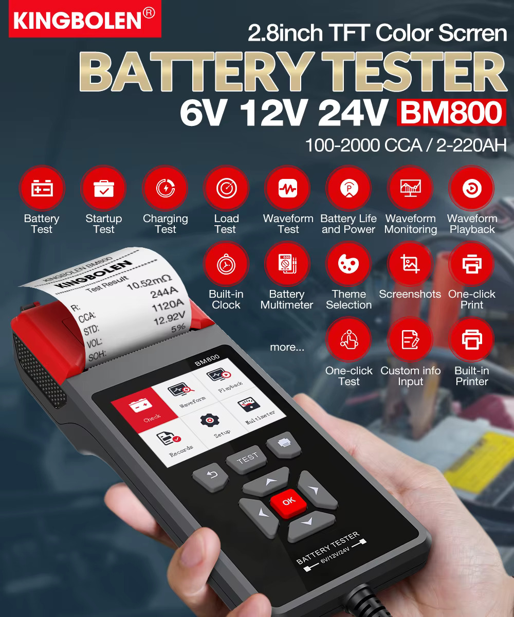 Functii tester baterii auto KINGBOLEN BM800 pentru 6V 12V si 24V