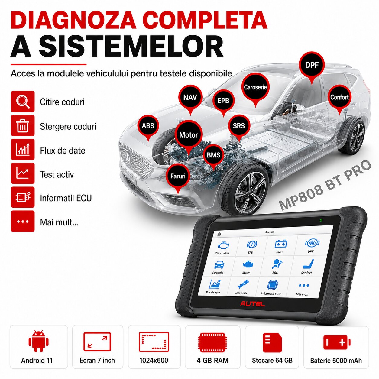 Autel MaxiPRO MP808 BT PRO pentru diagnoza completa a sistemelor auto