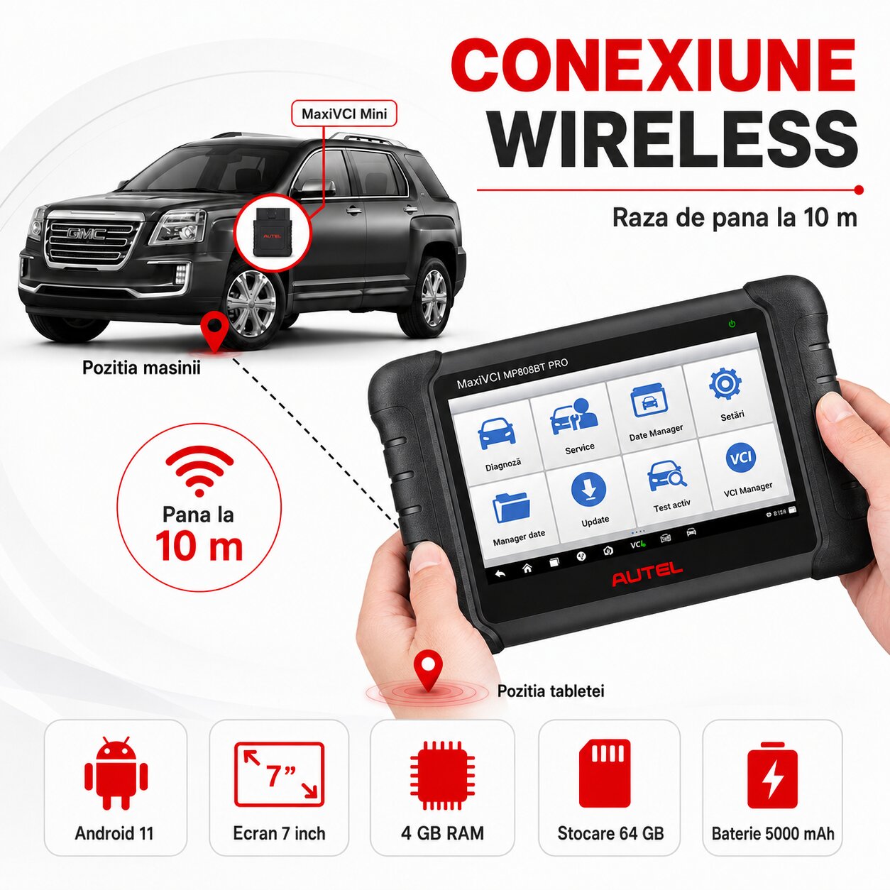 Autel MaxiPRO MP808 BT PRO conexiune wireless cu MaxiVCI Mini