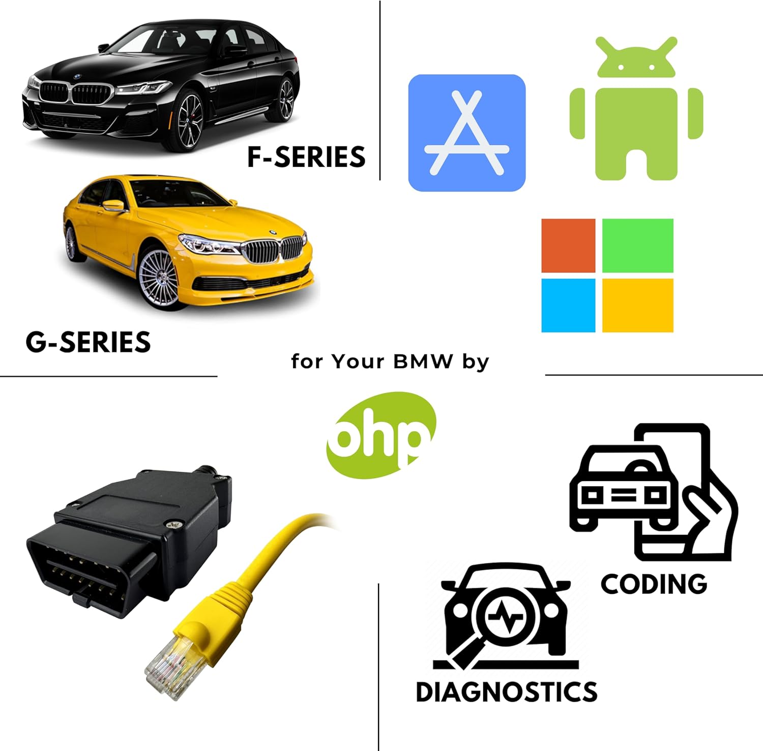 Cablu galben pentru diagnoza, cu conector OBD2 negru si mufa RJ45