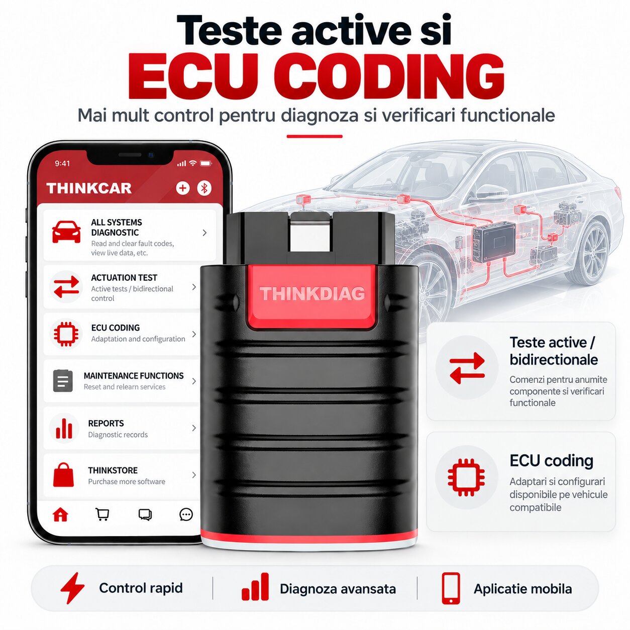 ThinkDiag functii principale: diagnoza completa, teste active, codare ECU, adaptari si IMMO