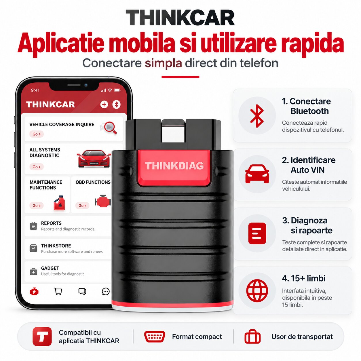 ThinkDiag conectare Bluetooth la telefon, identificare automata VIN si rapoarte de diagnoza in aplicatia THINKCAR