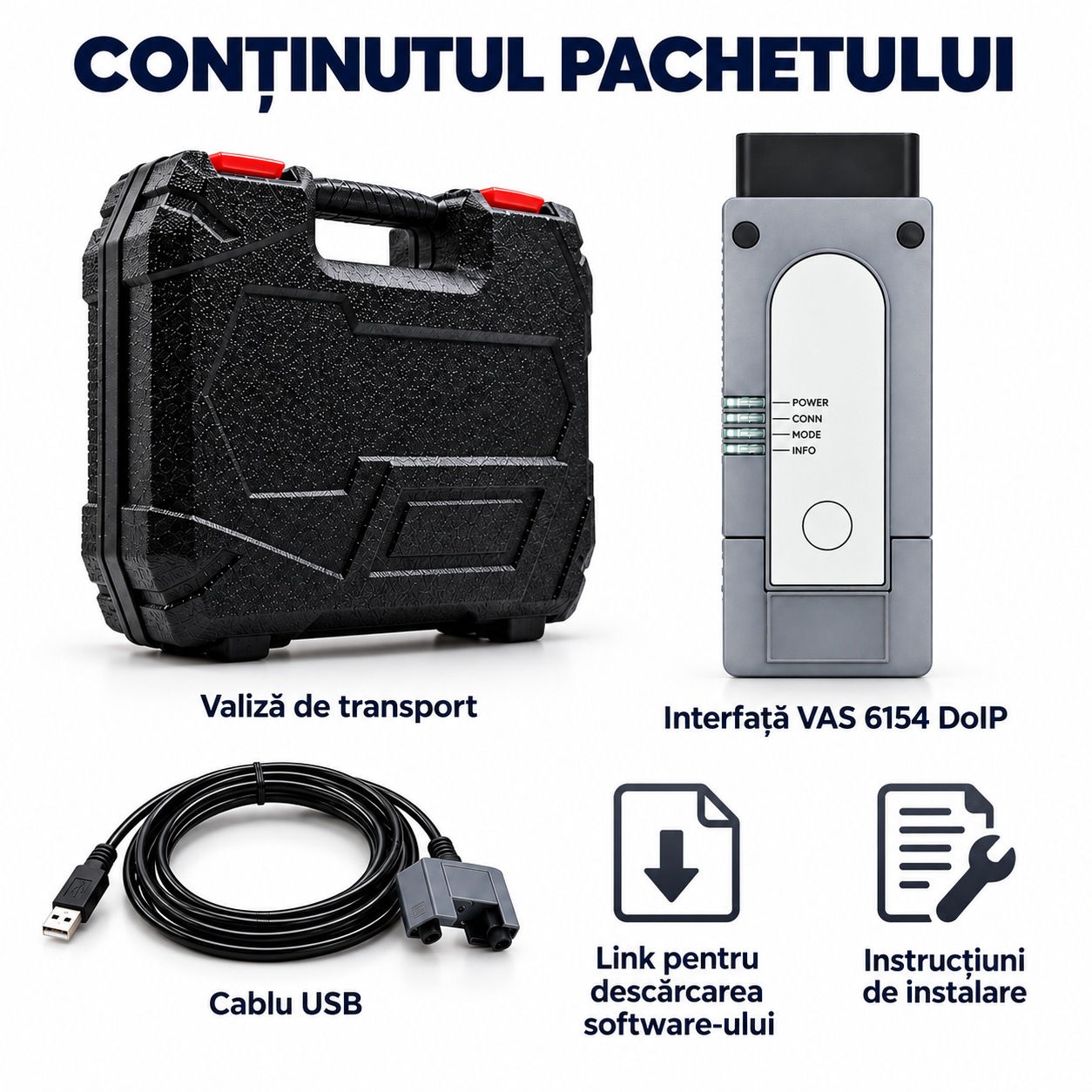 Continut pachet VAS 6154 DoIP: interfata, cablu USB si valiza de transport